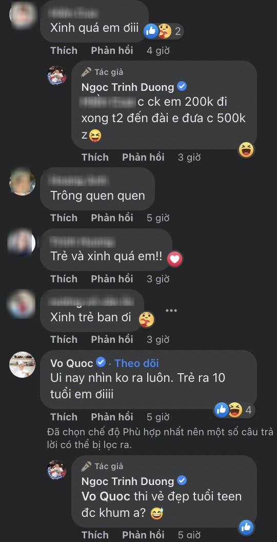 Nhiều người cũng khen ngợi Ngọc Trinh trông như trẻ ra hơn 10 tuổi với kiểu tóc mái thưa của mình.